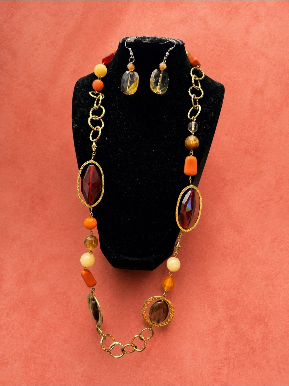 Gold-Tone Orange & Amber Beaded Statement Necklace with Drop Earrings